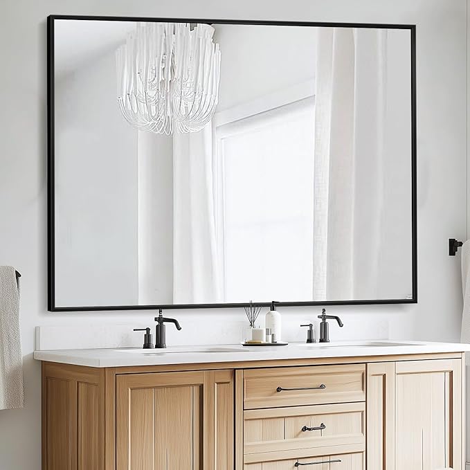 Bathroom Mirror, 55" x 36" Wall Mirror, Rectangular Aluminum Alloy Frame Contemporary Hanging Mirror for Living Room Bathroom, Black Rectangle Corner