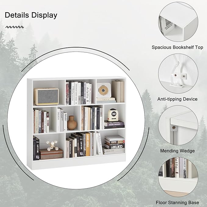 YAHARBO White 10 Cube Bookshelf,3 Tier Modern Horizontal Bookcase,Wooden Low Book Shelf Display Storage Cabinet with Base,Floor Standing Short Bookshelves Open Organizer for Bedroom,Living Room,Office
