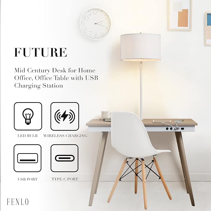 FENLO Future 39" Mid Century Desk for Home Office, Office Table with USB Charging Station, Mid Century Modern Desk with Wireless Charging, USB, and USB-C Ports