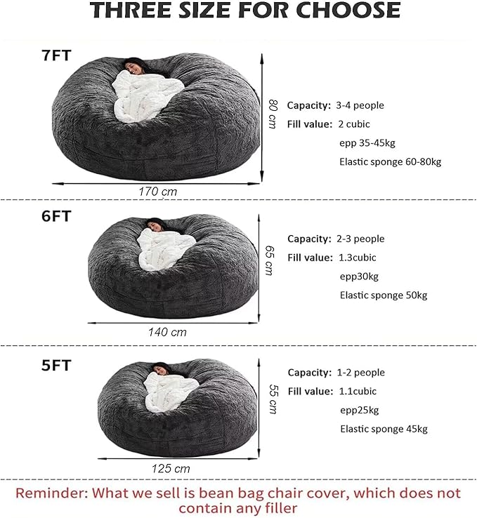 BCU 6FT Bean Bag Chair for Adults and Kids Without Filler Giant Stuffed Animal Storage Cover Soft Faux Fur Floor Chair Cover for Bedroom Living Room, Brown