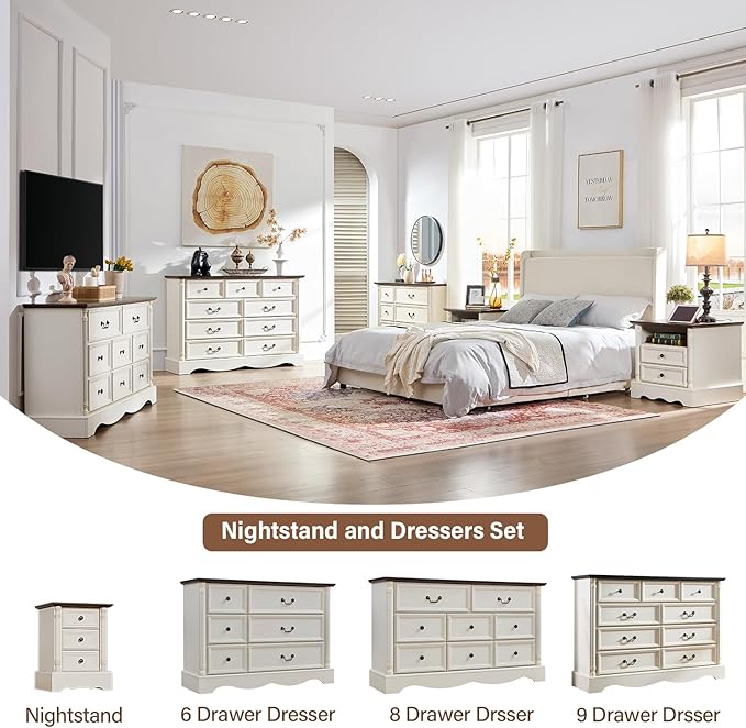 Farmhouse 9 Drawers Dresser for Bedroom with Charging Station, 54" Wide Wood Country Rustic Storage Dressers Organizer, Vintage Design Chest of Drawers TV Stand, Antique White