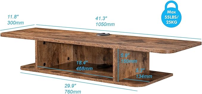 FITUEYES Floating TV Stand Wall Mounted, 2 Tier Floating Entertainment Shelf Under TV for Living Room, Rustic Brown