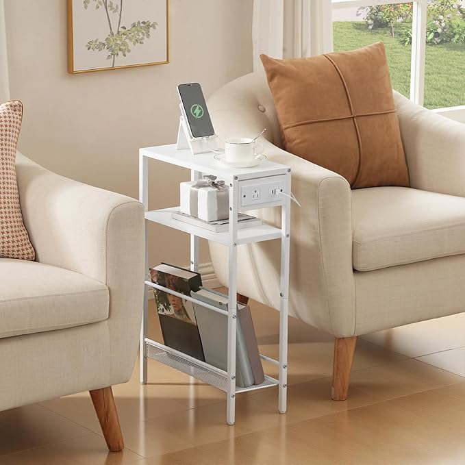 HOOBRO Small Narrow Side Table with Charging Station, Skinny End Table for Small Spaces, Slim Nightstand with USB Ports Outlet, Sofa Beside Table with Storage Shelf, White WT102UBZ01
