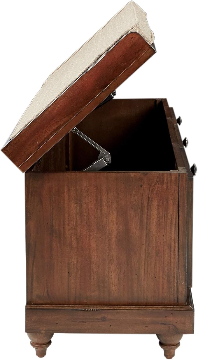 OSP Home Furnishings Dover Coastal Lift-Top Storage Bench with Shutter Face Styling, Distressed Brown Finish with Beige Linen Fabric Cushion