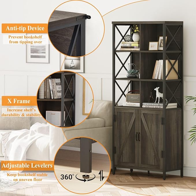 FATORRI Industrial Tall Bookshelf, Rustic Bookcase with Doors, 6 Cube Storage Organizer with Shelf for Living Room, Wood and Metal Book Shelf for Home Office (Walnut Brown)