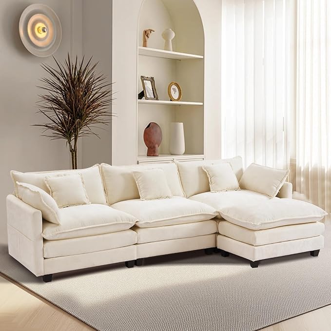 Furniliving 112‘’ L-Shaped Sofa, Luxury Chenille Modular Sectional Couches with Ottoman, Upholstered Deep Seat Sleeper Sofa with Memory Foam and Waist Pillows, Beige