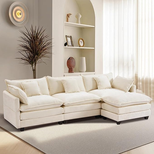 Furniliving 112‘’ L-Shaped Sofa, Luxury Chenille Modular Sectional Couches with Ottoman, Upholstered Deep Seat Sleeper Sofa with Memory Foam and Waist Pillows, Beige
