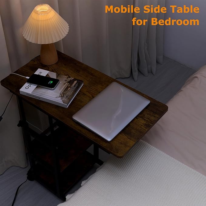 C Shaped End Table Height Adjustable - Couch Side Table with Charging Station, TV Tray with Wheels Slide Under Sofa for Small Spaces, Living Room Bedroom, Rustic Brown