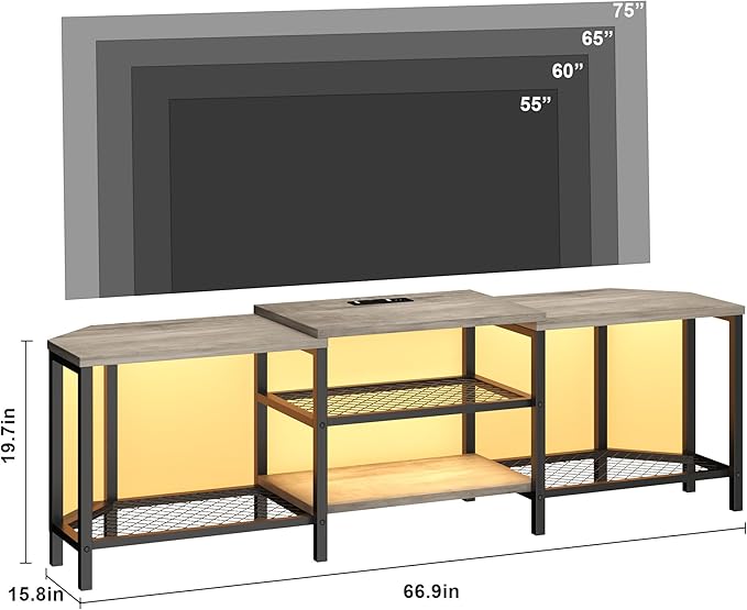 GarveeHome 67 Inch Large TV Stand with LED Lights for 55/65/75 Inch TV, Corner Entertainment Center with Power Outlets, 4 Open Storage Shelves, Media Console for Living Room, Bedroom, Grey
