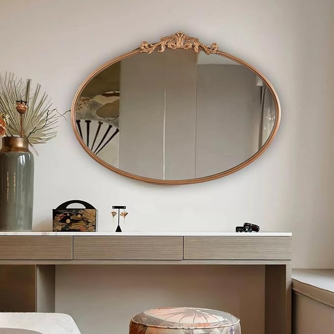 Oval Gold Mirror for Bathroom Vanity, Baroque Ornate Vintage Wall Mirror with Large Rounded Metal Frame, Decorative Antique Brass Mirror for Bedroom, Dresser, Entryway (Gold, 24”x 35.5" x1.2")