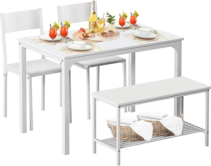 SogesHome Dining Table Set with 2 Chairs and 1 Bench, Bar Set Kitchen Table and Chairs for Dining Room Resturant Bistro Set, Pure White