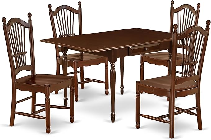 East West Furniture MZDO5-MAH-W 5 Piece Dining Room Table Set Includes a Rectangle Kitchen Table with Dropleaf and 4 Dining Chairs, 36x54 Inch, Mahogany