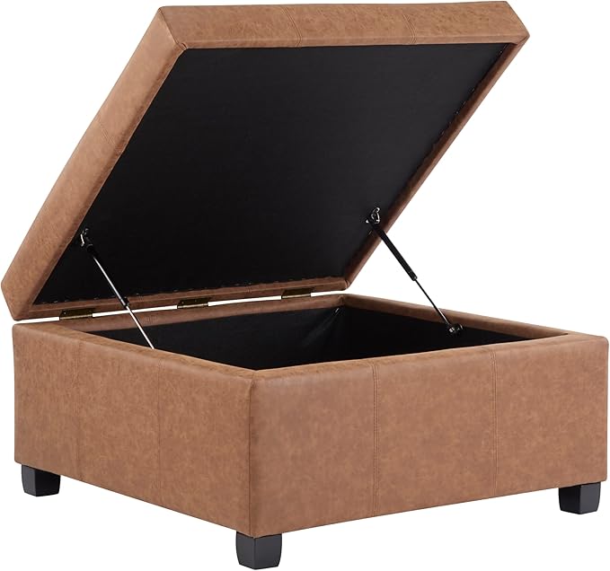 Christopher Knight Home Lorel Faux Leather Square Storage Ottoman Coffee Table, Wooden Ottoman with Storage, Entryway Modern Ottoman Foot Stool, Toy Box Storage for Living Room, Brown