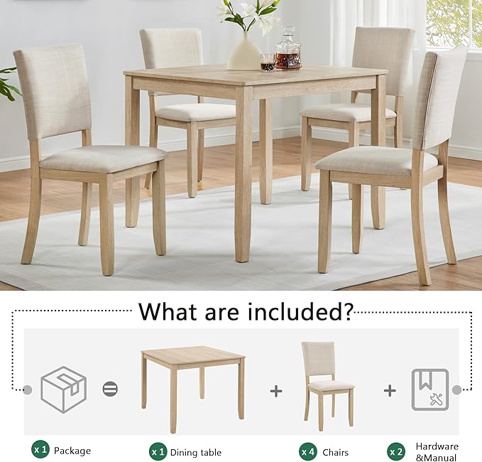 Ball & Cast 5 Piece Dining Table Set with 4 Upholstered Chairs,Wooden Living Room Furniture W/ 34.5" Square Kitchen Desk & Backrest Chair,for Small Space,Dining Room,Liaght Oak & Beige