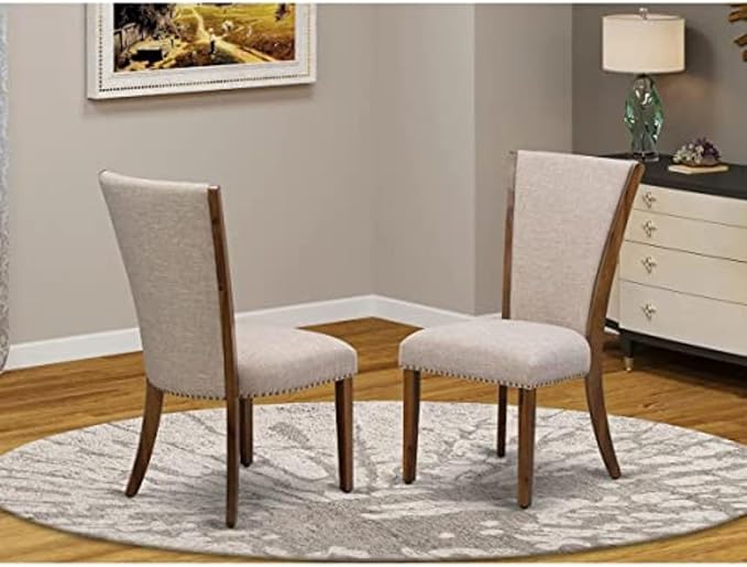 East West Furniture VEP8T04 Verona Parsons Dining Chairs - Nailhead Trim Light Tan Linen Fabric Upholstered Chairs, Set of 2, Walnut