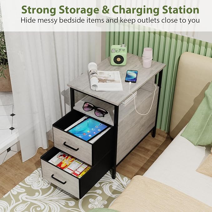 End Table with Charging Station, Narrow Side Table with 2 Fabric Drawer & Storage Shelf, USB Ports & Power Outlets, Narrow Nightstand for Bedroom Living Room Small Spaces, Greige