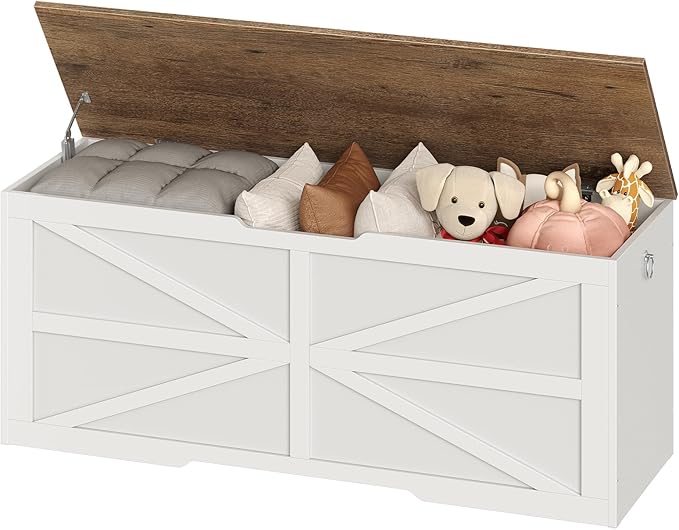 Storage Chest, 47.2" Wooden Storage Trunk, Modern Storage Bench with Safety Hinge, Toy Box, Farmhouse Style, for Bedroom, Living Room, Walnut and White MCW16WL