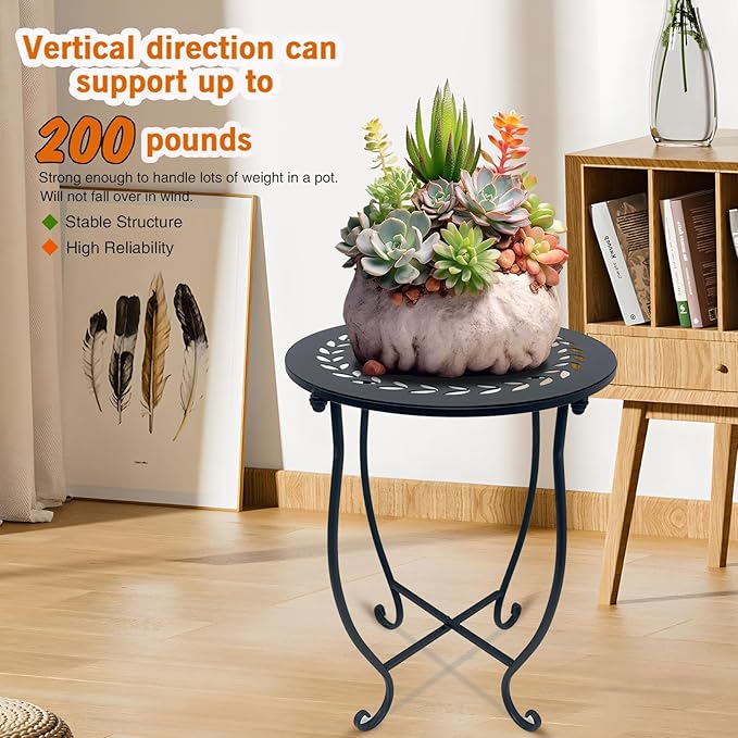 Round Side Table, 1 Pack 14 Inch Bedside Table for Living Room, Bedroom, Weather Resistant Black Metal Outdoor Side Table for Patio Balcony Yard Porch Garden, Plant Stand for Indoor Outdoor Use