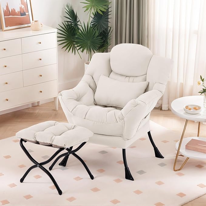 Lazy Chair with Ottoman, Comfy Fabric Accent Lounge Arm Chair with Lumbar Pillow and Folding Footrest, Reading Leisure Sofa Chair for Bedroom, Living Room, Dorm,Beige