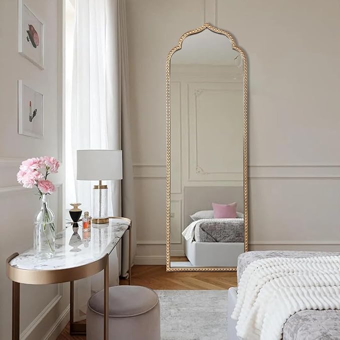 Large Gold Arched Mirror, 21"x64" Arch Standing Floor Mirrors for Dressing, Metal Beaded Frame Vintage Mirror, Scalloped Full Length Mirrors for Living Room Bedroom Hallway Entryway