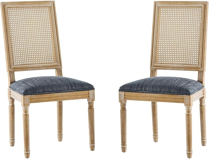 Merax Upholstered Solid Wood Dining Chairs Set of 2, French Country Style Accent Side Seating Furniture for Kitchen, Living Room, Wicker Back, Blue Gray