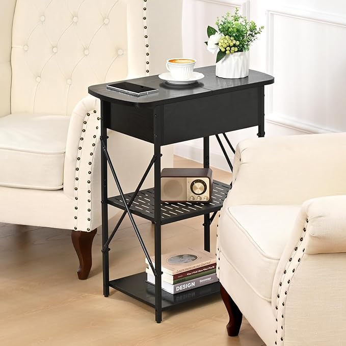 Narrow Side Table with Charging Station, End Tables Set of 2 for Small Spaces, Flip Top End Table with Storage, Black End Tables Living Room, Nightstand Set 2 with Drawer for Bedroom
