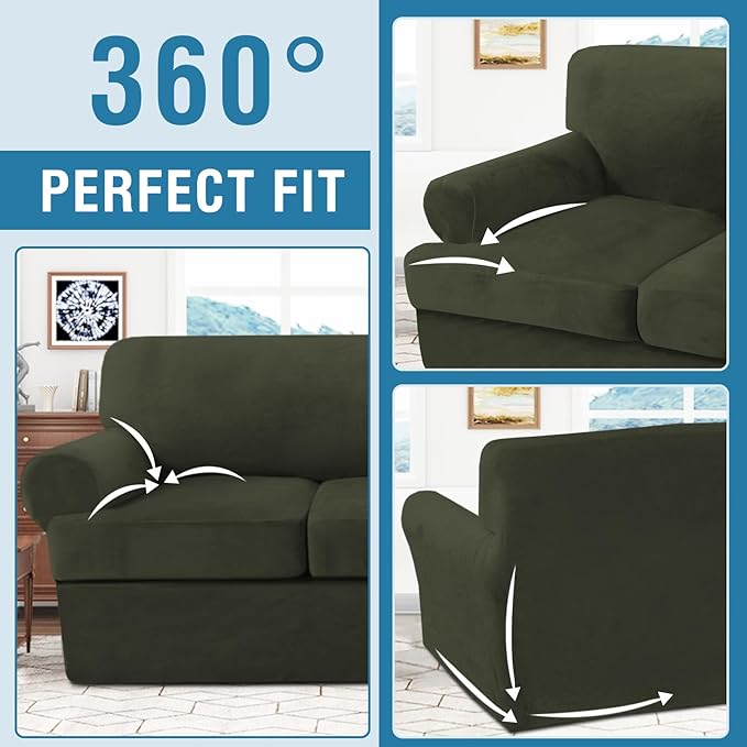 H.VERSAILTEX Sofa Cover 2 Piece T Cushion Armchair Slipcovers Thick Velvet Couch Cover Stretch T Cushion Sofa Covers for 1 Cushion Couch with 1 Individual T Cushion Covers, Olive