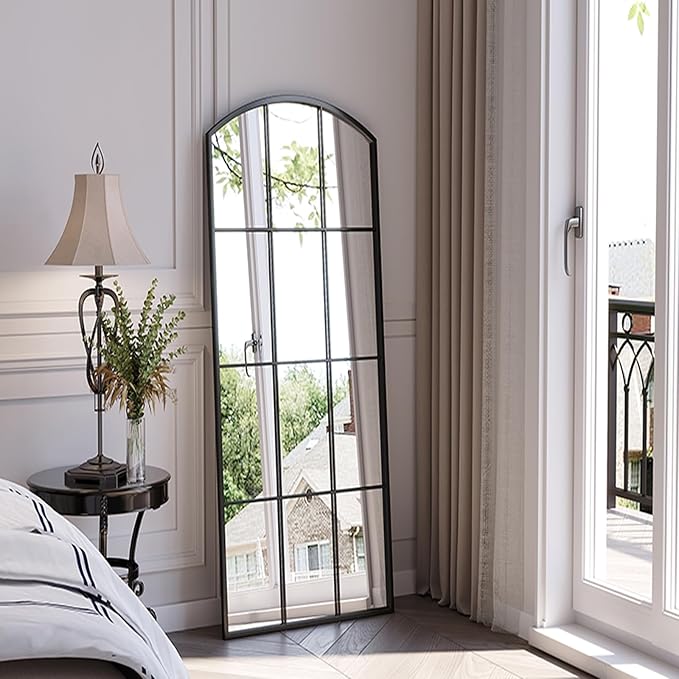 Arched Window Mirror, 24" x 48" Black Window Mirrors for Wall, Tall Farmhouse Grid Mirror for Living Room Bedroom Dining Room Fireplace Hallway Mantle Entryway