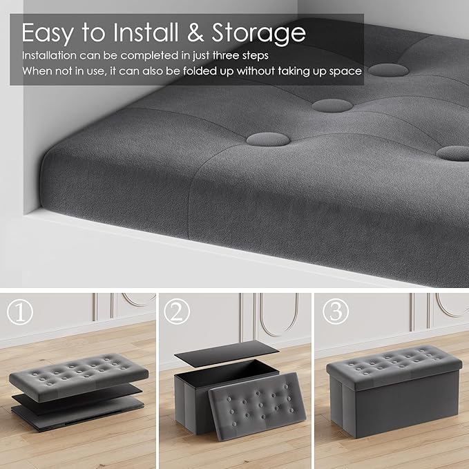 PRANDOM Jumbo Ottoman with Storage [1-Pack] Velvet Folding Small Square Foot Stool with Lid for Living Room Bedroom Coffee Table Dorm Dark Grey 43x15x15 inches