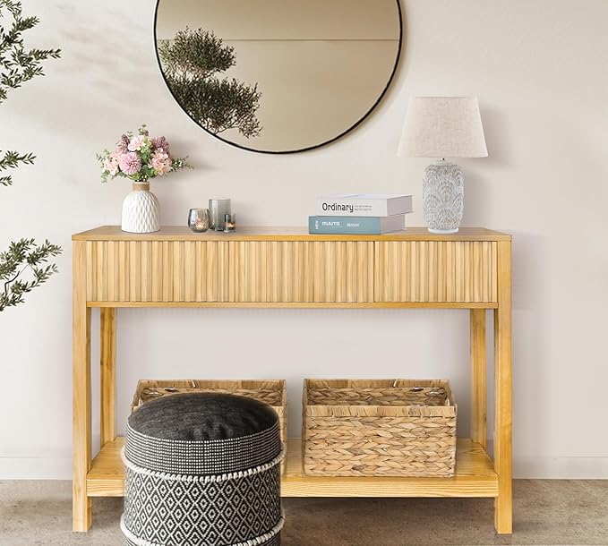 Long Console Table with Storage, Fluted Entryway Slim Sofa Tables Behind Couch Entryway Table, Modern Narrow Wood Hallway Foyer Entrance Couch Tables for Living Room