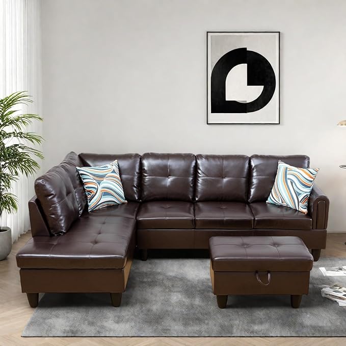 Modern Living Room Furniture Sets with Pillows, Modular Sectional Couches with Chaise Lounge, 4-Seaters L Shape Sofa with Storage Ottoman, for Living Room, Faux Leather, Brown