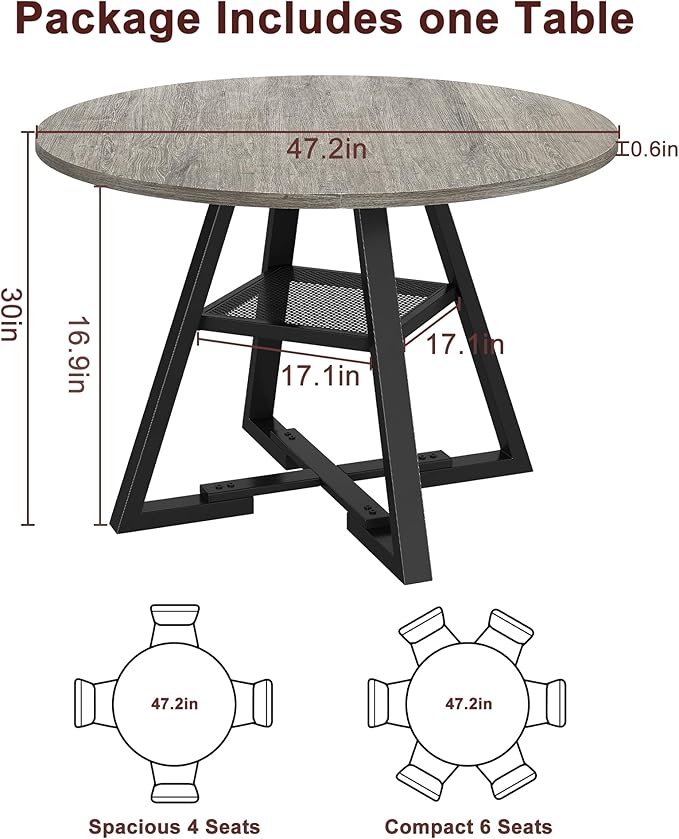 Round Dining Table for 4,Kitchen Dining Room Circle Dinner Pedestal Table,Space Saving Wood Kitchen & Dining Room Furniture (Grey, 47In)