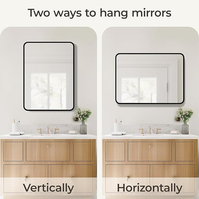 USHOWER Black Bathroom Mirror for Over Sink 22 x 30 Inch, Matte Black Rectangle Mirror for Wall, Rounded Metal Frame Vanity Mirror