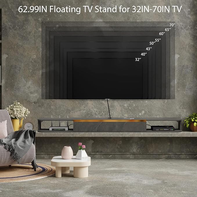Floating TV Stand, 63'' Wall Mounted Entertainment Center TV Media Console, Floating Shelves with Door, Floating TV Cabinet Large Storage TV Bench for Living Room (Dark Grey, 62.99IN)