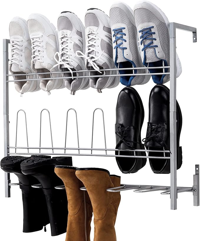 MyGift Premium Silver Metal Hanging Wall Shoe Rack for Walk in Closet, Mudroom and Entryway, Wall Mounted Space Saving Boot and Shoe Rack Organizer, Holds 9 Pairs