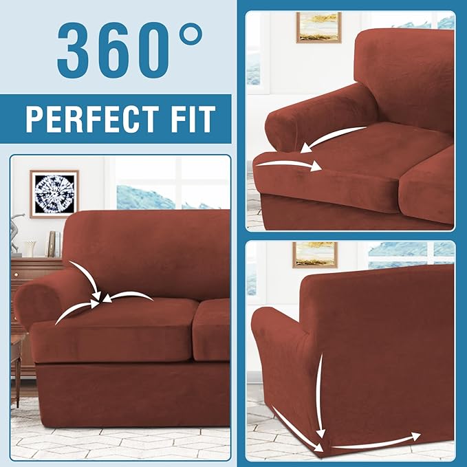 H.VERSAILTEX Sofa Cover 4 Piece T Cushion Sofa Slipcovers Thick Velvet Couch Cover Stretch T Cushion Sofa Covers for 3 Cushion Couch with 3 Individual T Cushion Covers Washable, Rust