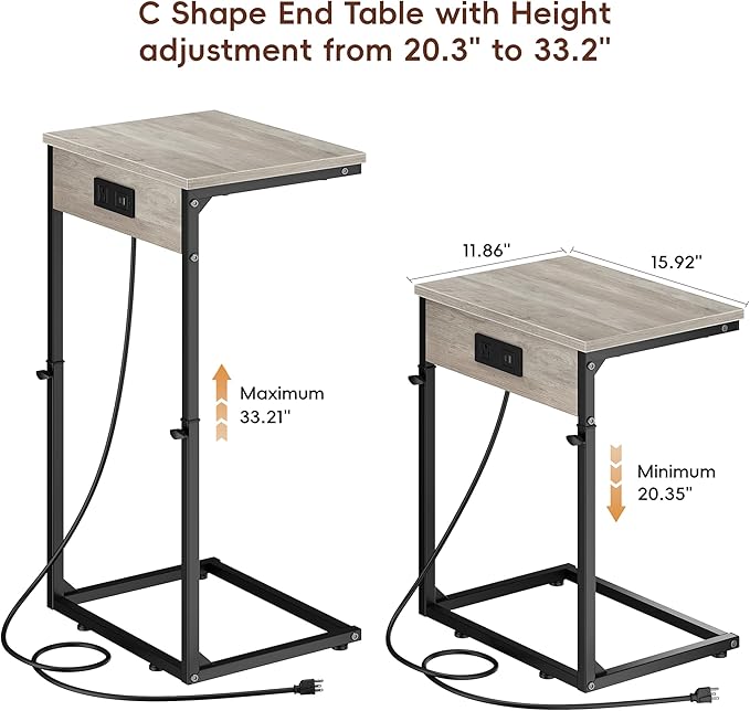 Vagusicc C Shaped End Table with Charging Station, Adjustable Height Side Table for Couch,Small Side Table Small Spaces,33.2'' Tall Couch Tables that Slide Under, Tv Tray Table for Living Room, Greige