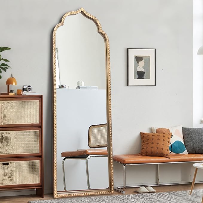 Large Gold Arched Mirror, 21"x64" Arch Standing Floor Mirrors for Dressing, Metal Beaded Frame Vintage Mirror, Scalloped Full Length Mirrors for Living Room Bedroom Hallway Entryway