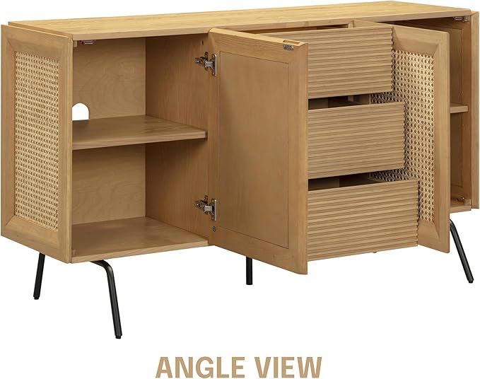 NTC MOSSIC Sideboard with 2 Doors and 3 Drawers, Buffet Cabinet with Natural Rattan and Metal Legs, Modern Storage Cabinet for Living Room, and Hallway, Effortless Assembly, Sand