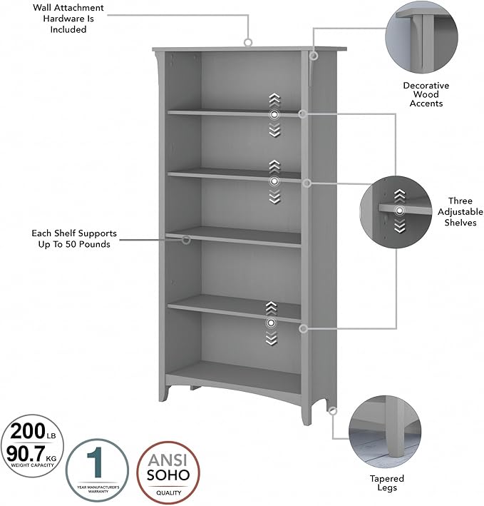 Bush Furniture Salinas 5 Shelf Bookcase in Cape Cod Gray, Tall Bookshelf, Large Book Shelf for Living Room, Home Office, or Entryway