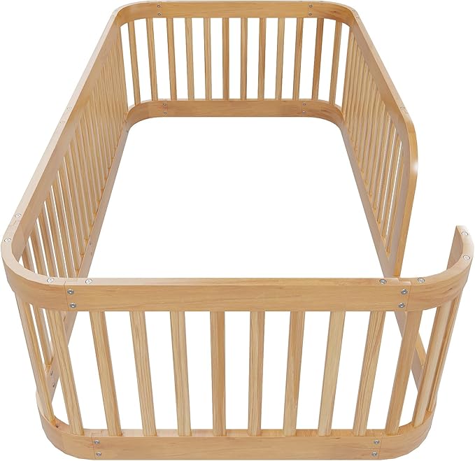 Bellemave Twin Floor Bed with High Fence and Rounded Corner Design, Wood Montessori Floor Bed with Guardrail and Entrance, Easy Assemble Montessori Bed Twin Size, Natural