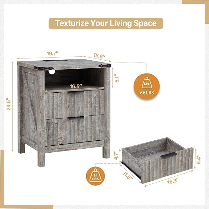 Grey Nightstand with Charging Station Set of 2-20 Inch Wide Farmhouse Fluted Bedside Table with 2 Drawers, Modern Wood End Side Table for Bedroom Study Storage Home