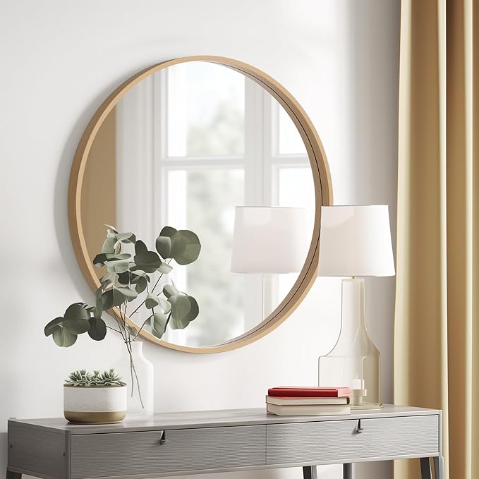 HOMECOOKIN Round Wood Mirror, 24" Round Bathroom Wall Mirror Circle Mirrors for Wall Decor, Vanity, Living Room, Bedroom, Entryway, Natural