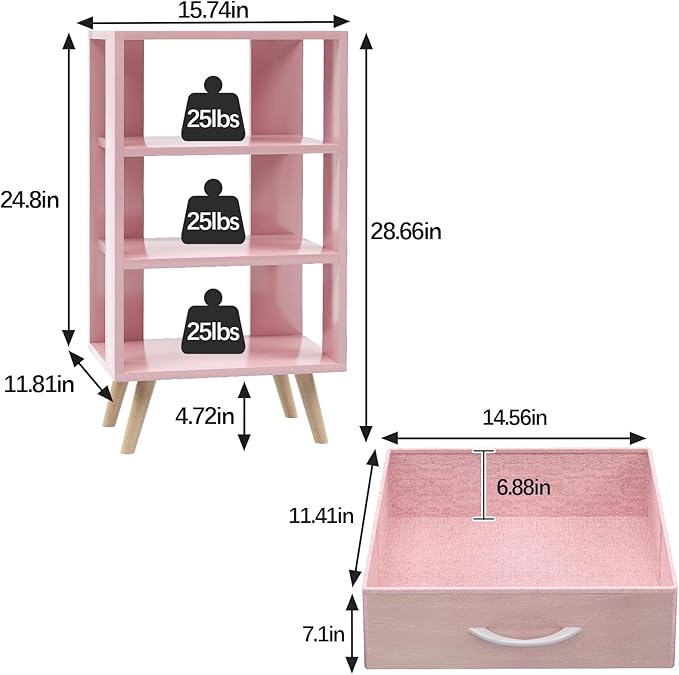 Night Stand, Pink Kids Nightstand with Drawer, Nursery Side Table with Open Storage, 3-Tier Modern End Table, Bedside Table for Small Space, Living Room, Bedroom