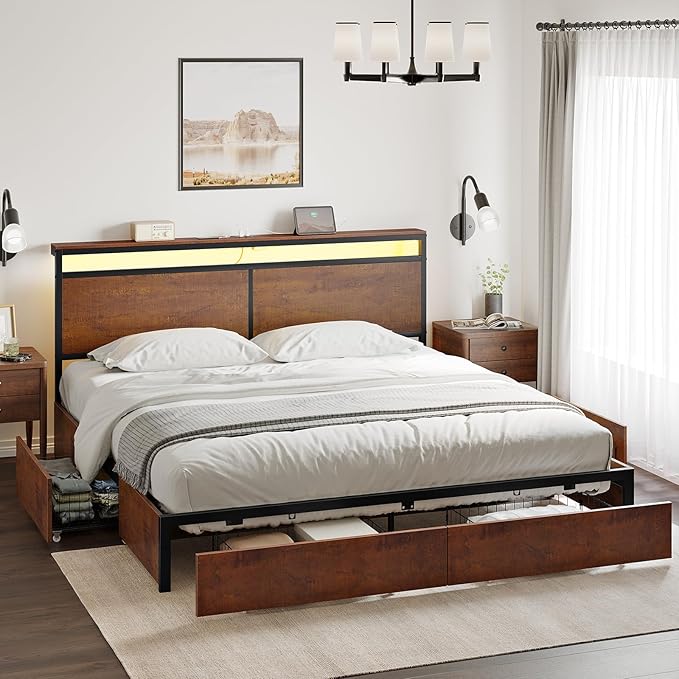 King Bed Frame with Storage Headboard and 4 Drawers Bed Frame King Size with Charging Station LED Lights Metal Platform Non-Slip Without Noise No Box Spring Needed