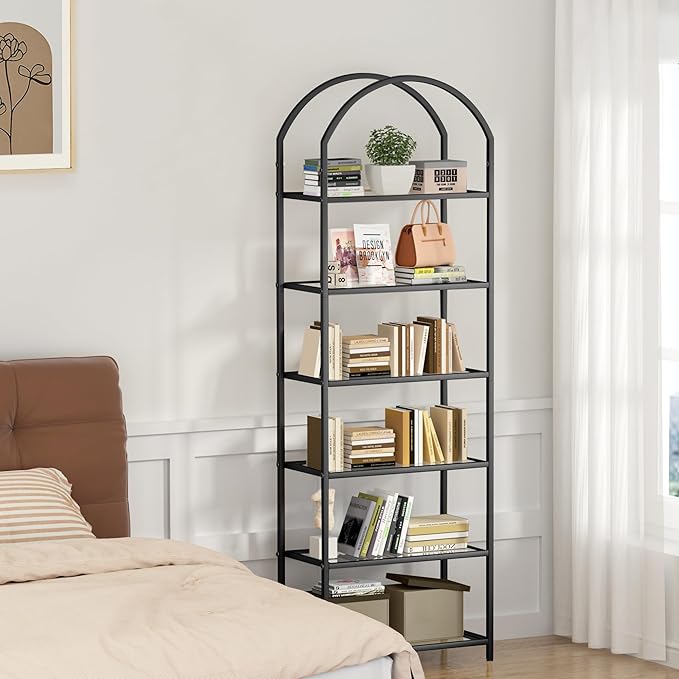 Homhedy Bookshelf Arched Display Racks,Metal Bookcase,Tempered Glass Shelves,Storage Rack Shelf for Home Office,Living Room,Bedroom, Bathroom,Modern Style (Black, 11.8" D x 23.6" W x 73.6" H)