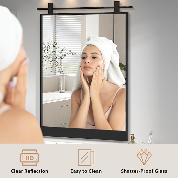 20x28 Inch Rectangle Bathroom Vanity Mirror for Wall Mounted Over Sink Farmhouse Rustic Matte Black Frame Barn Door Mirrors Foyer Entryway Decor