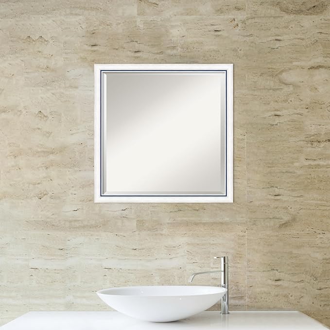 Amanti Art White Bathroom Mirror for Over Sink, 22x22 Morgan White Blue Square Vanity Mirror, Medium Modern Contemporary Wood Frame, Hangs Horizonally and Vertically, Bathroom Wall Decor, Beveled Edge