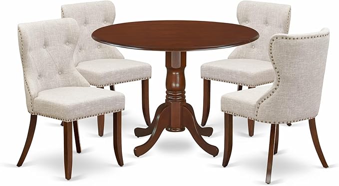East West Furniture DLSI5-MAH-35 5 Piece Kitchen Table & Chairs Set Includes a Round Dining Room Table with Dropleaf and 4 Doeskin Linen Fabric Parson Dining Chairs, 42x42 Inch, Mahogany
