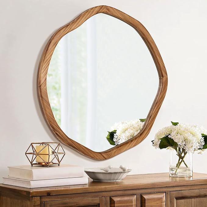 ULIKE Round Wood Mirror, 30 Inch Asymmetrical Circle Vanity Mirror with Wood Frame, Rustic Decorative Wall Mount for Bathroom Bedroom Living Room Entryway
